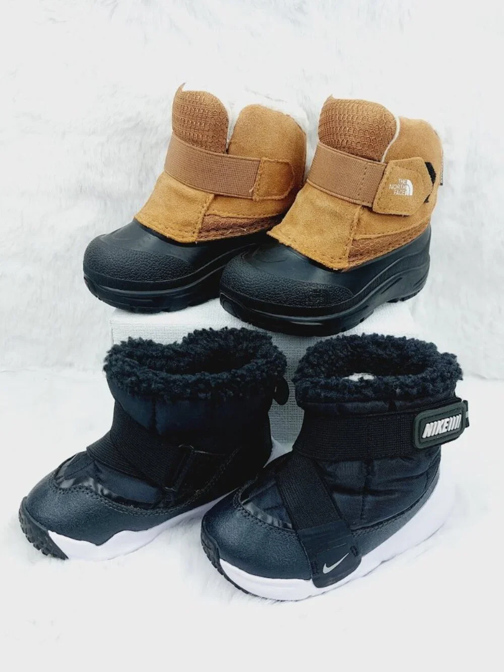 Set of 2 The North Face Nike Girl's Black Brown Hook & Loop Ankle Snow Boot Sz 7